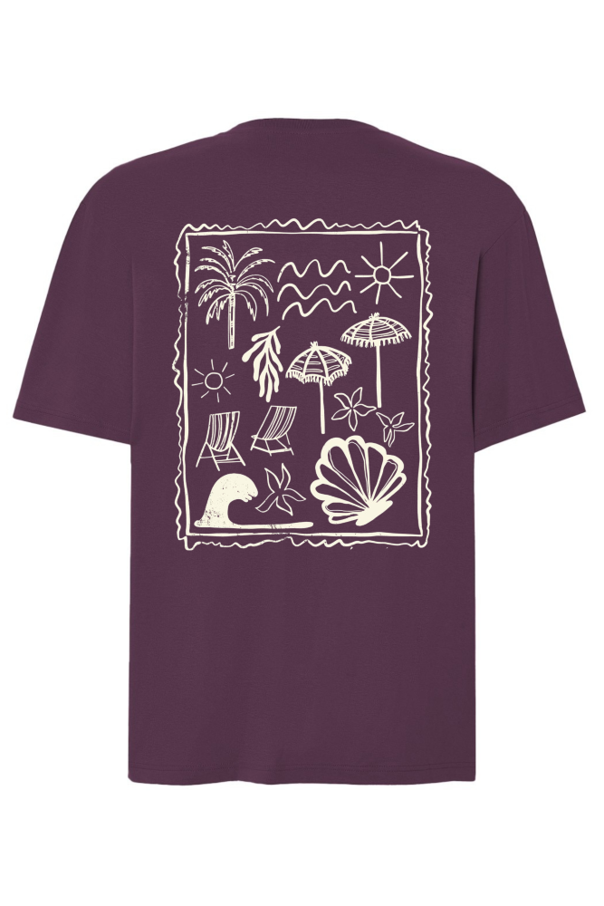 T-shirt oversize z nadrukiem na plecach beach mood palmy, leżaki, muszle śliwkowy