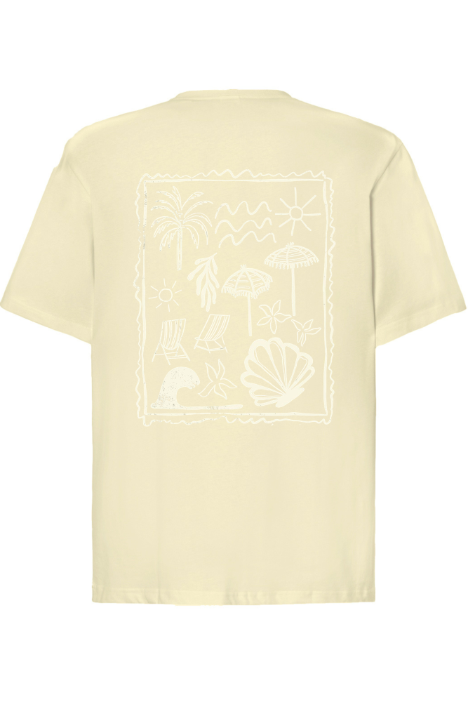 T-shirt oversize z nadrukiem na plecach beach mood palmy, leżaki, muszle waniliowy
