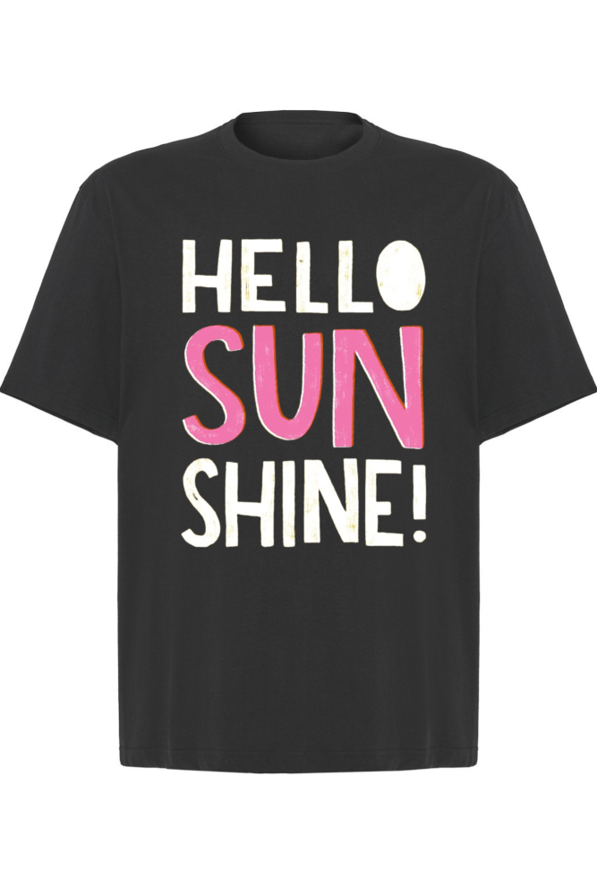 T-shirt oversize z napisem biało różowym hello sunshine czarny