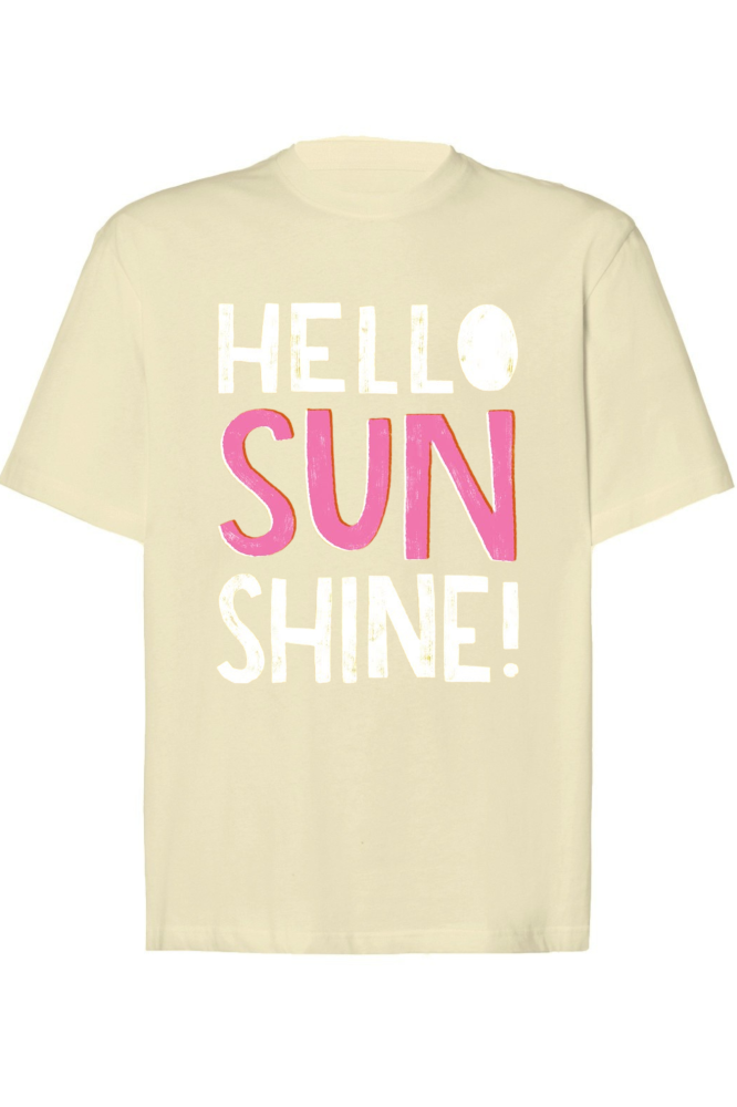 T-shirt oversize z napisem biało różowym hello sunshine waniliowy