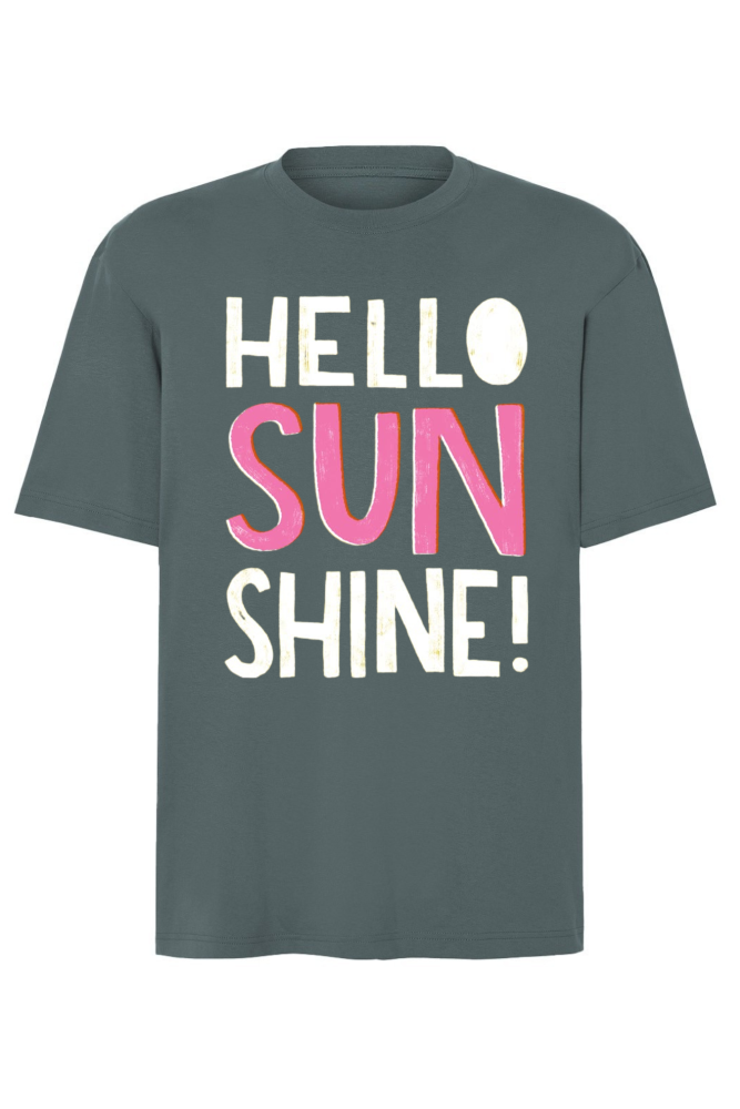 T-shirt oversize z napisem biało różowym hello sunshine petrolowy