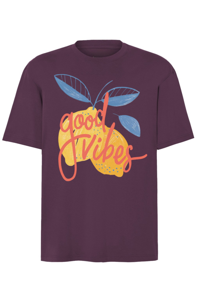 T-shirt oversize z nadrukiem cytryn oraz napisem good vibes śliwkowy