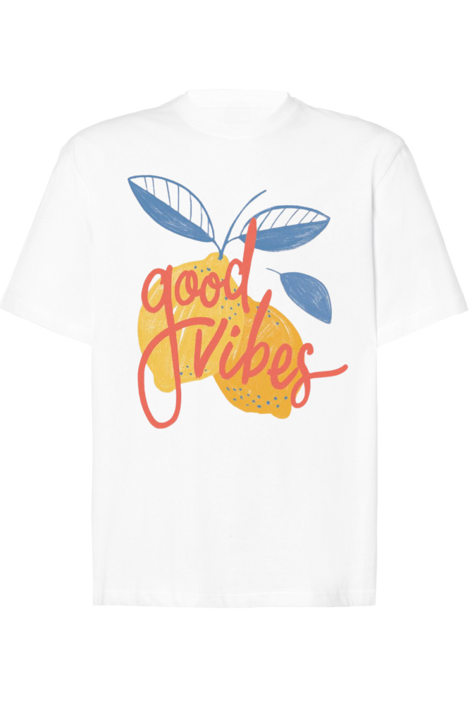 T-shirt oversize z nadrukiem cytryn oraz napisem good vibes biały