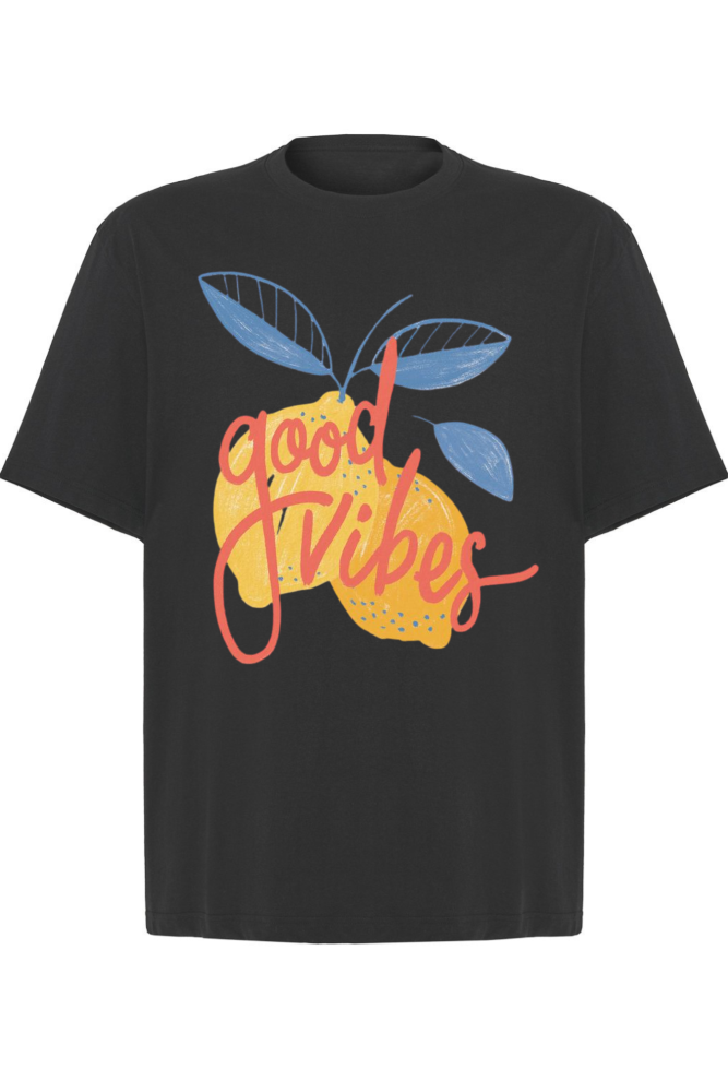 T-shirt oversize z nadrukiem cytryn oraz napisem good vibes czarny