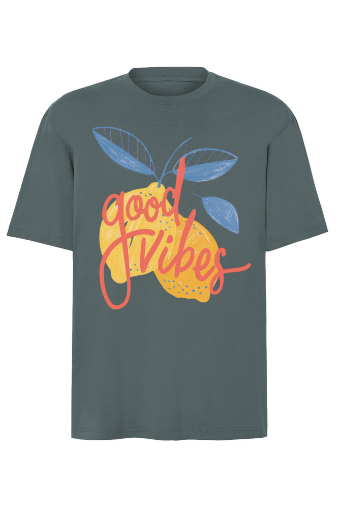 T-shirt oversize z nadrukiem cytryn oraz napisem good vibes petrolowy