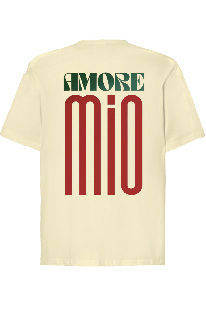 T-shirt oversize z napisem na plecach amore mio waniliowy
