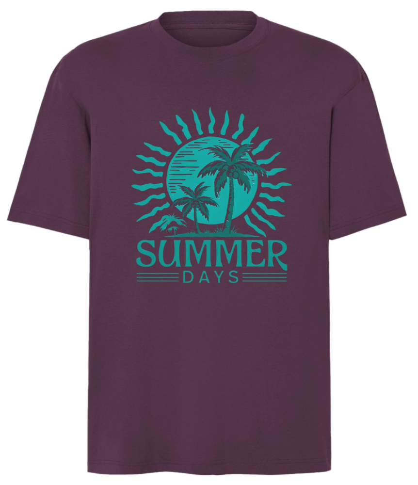 T-shirt summer days śliwkowy nadruk turkusowy słońce, palmy