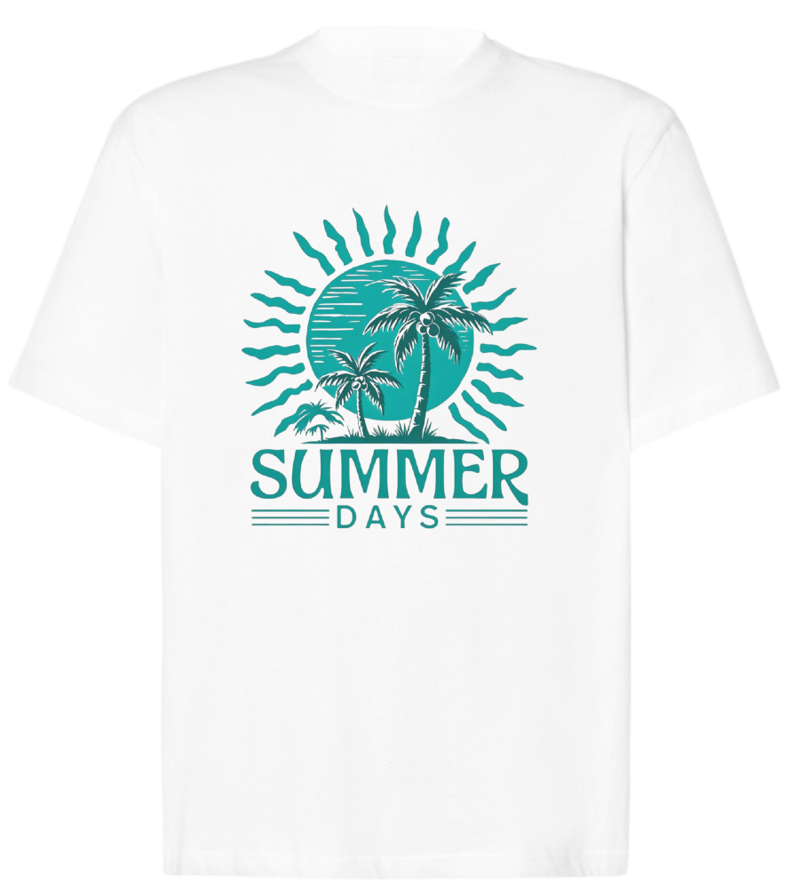 T-shirt summer days biały nadruk turkusowy słońce, palmy