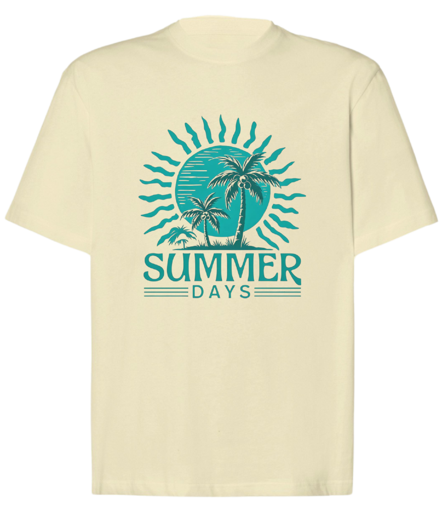T-shirt summer days waniliowy nadruk turkusowy słońce, palmy