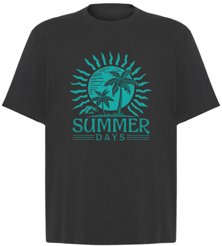 T-shirt summer days czarny nadruk turkusowy słońce, palmy
