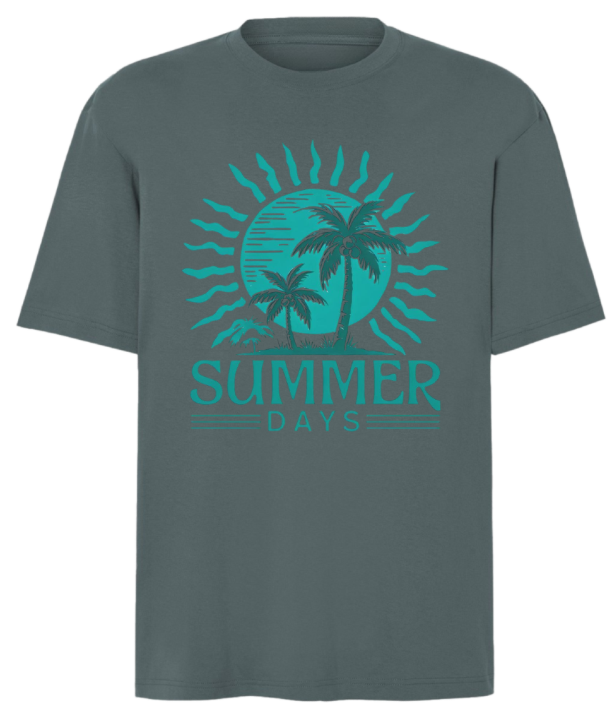 T-shirt summer days petrolowy nadruk turkusowy słońce, palmy