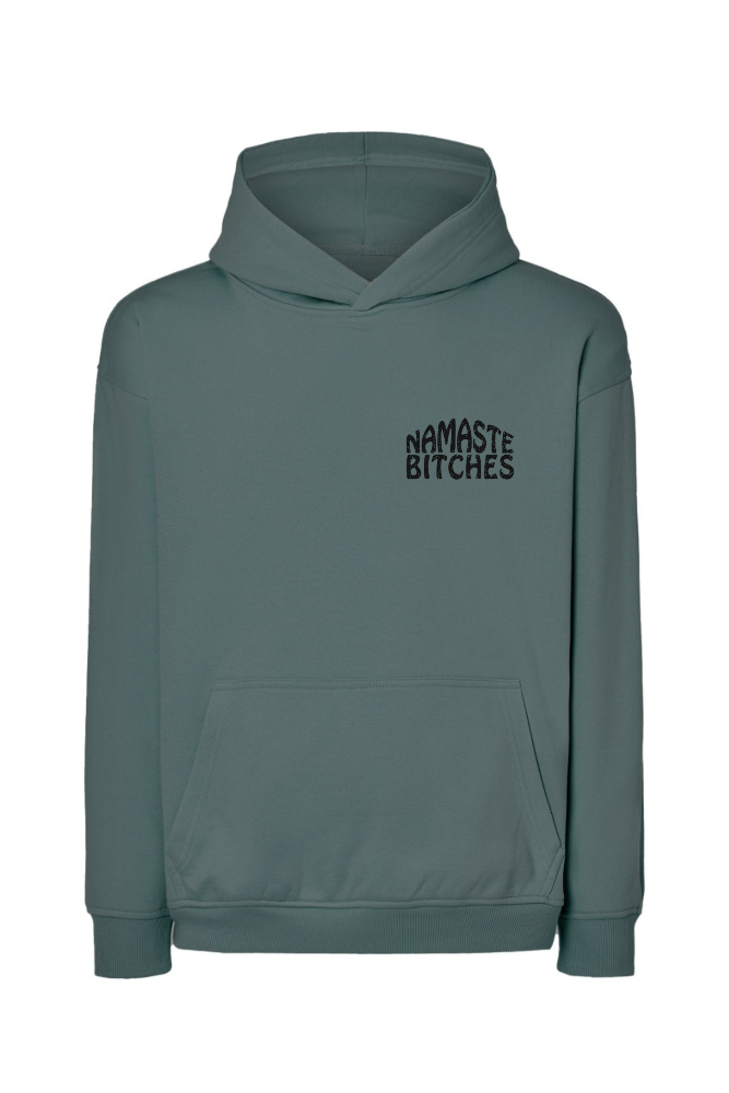 Petrolowa bluza oversize z nadrukiem na piersi Namaste Bitches