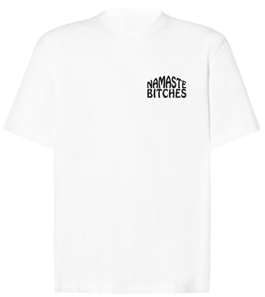 Biały t-shirt oversize z nadrukiem na piersi Namaste Bitches