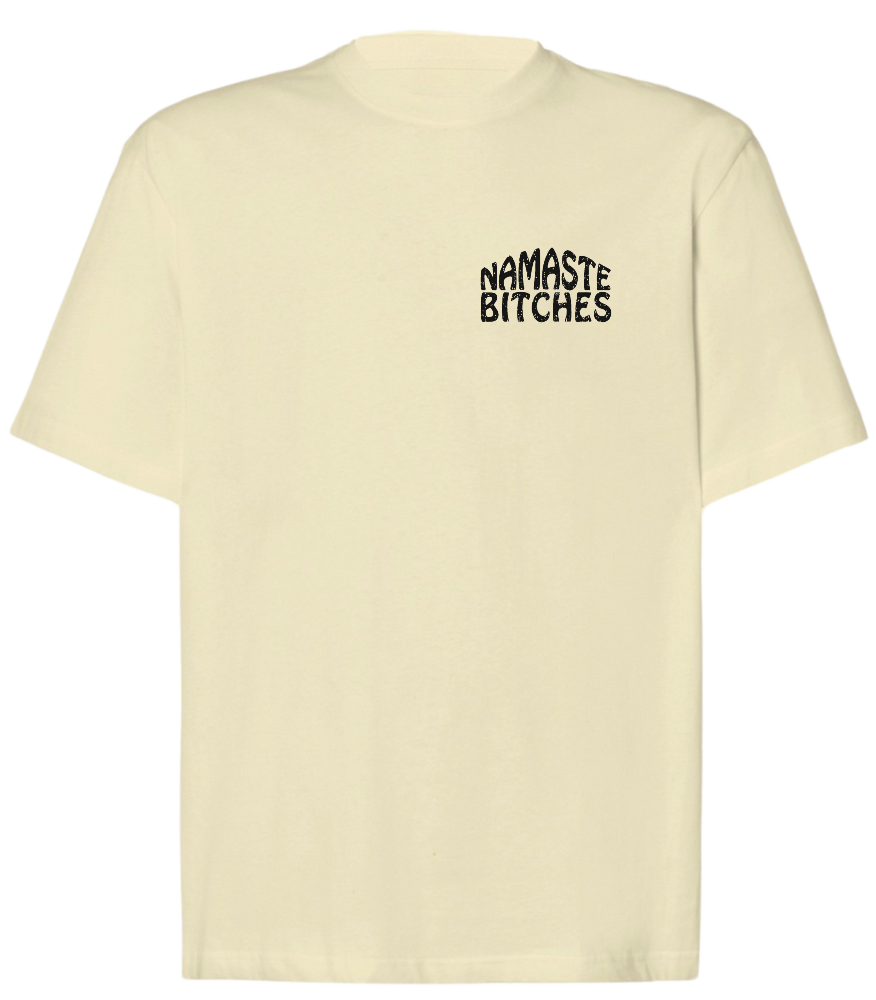 Waniliowy t-shirt oversize z nadrukiem na piersi Namaste Bitches