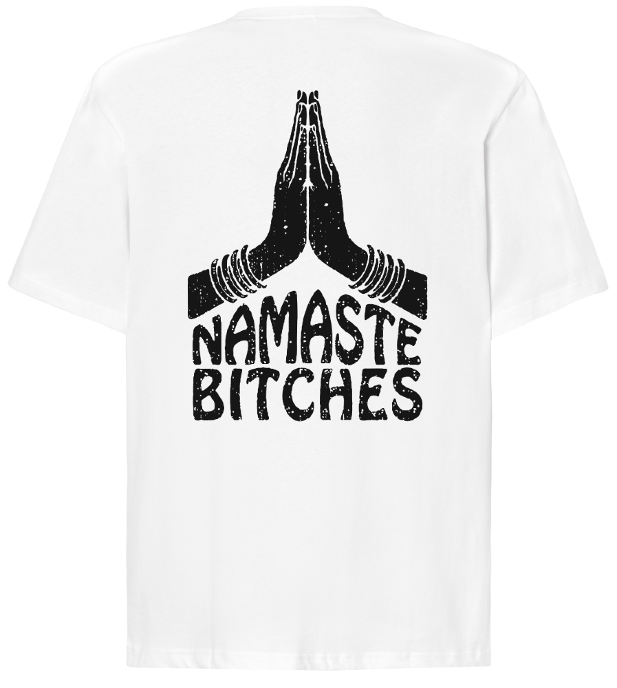Biały t-shirt oversize z napisem na plecach Namaste Bitches