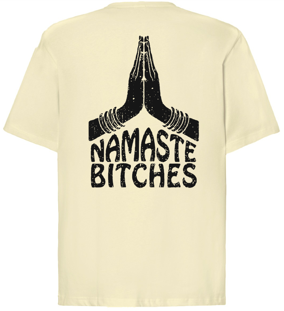 Waniliowy t-shirt oversize z napisem na plecach Namaste Bitches