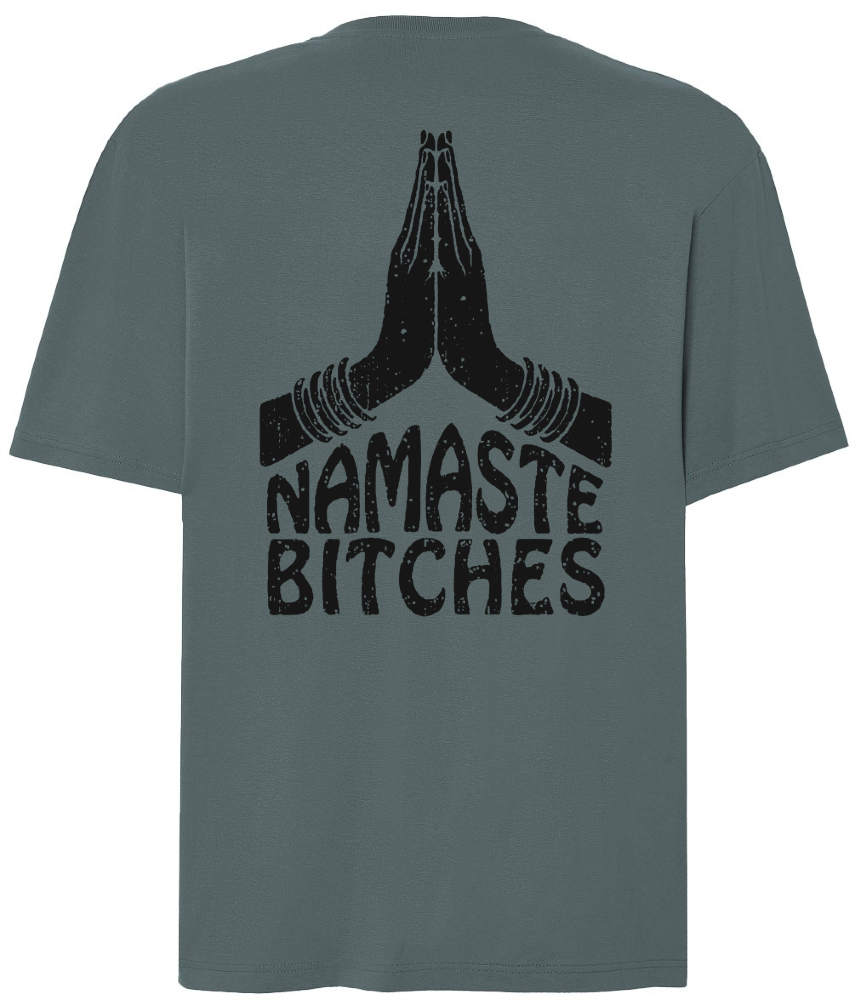 Petrolowy t-shirt oversize z napisem na plecach Namaste Bitches