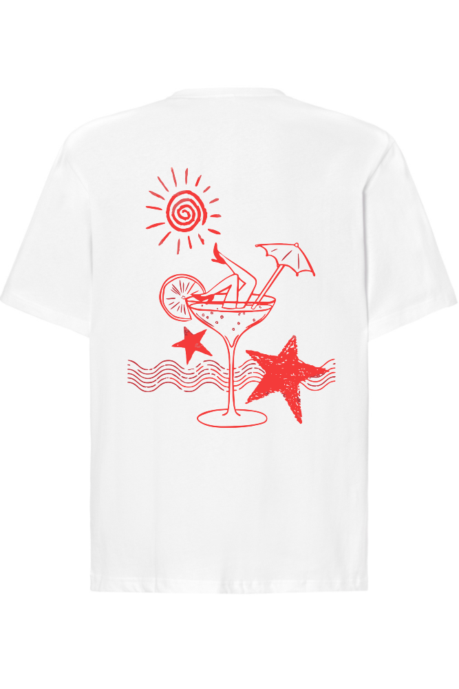 T-shirt holiday glow biały. Czerwony nadruk na plecach drink z parasolką, słońce, rozgwiazda