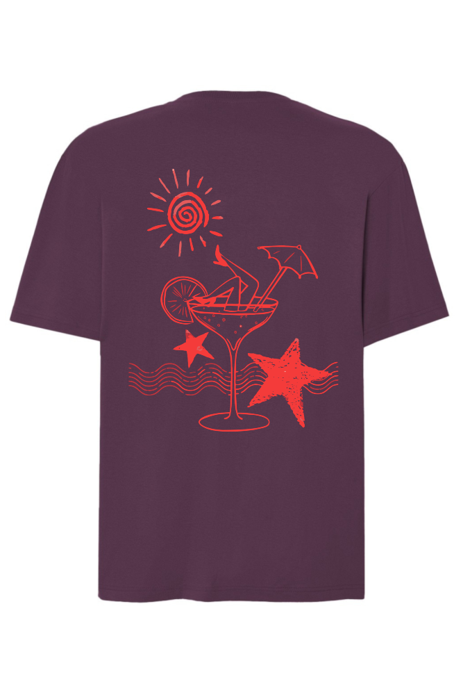 T-shirt holiday glow śliwkowy. Czerwony nadruk na plecach drink z parasolką, słońce, rozgwiazda