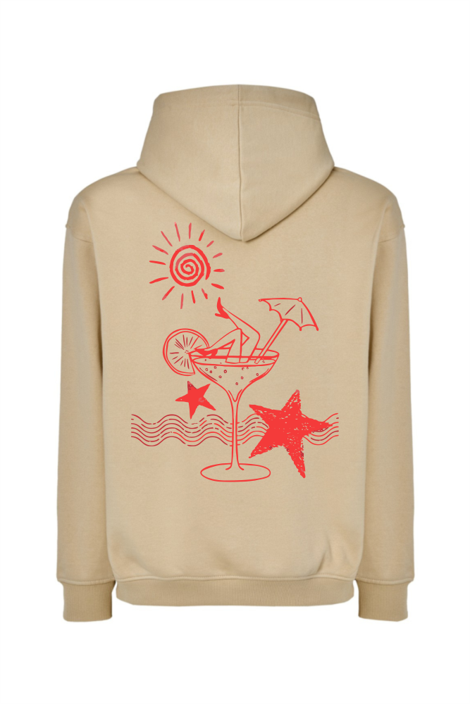 Bluza holiday glow waniliowy. Czerwony nadruk na plecach drink z parasolką, słońce, rozgwiazda