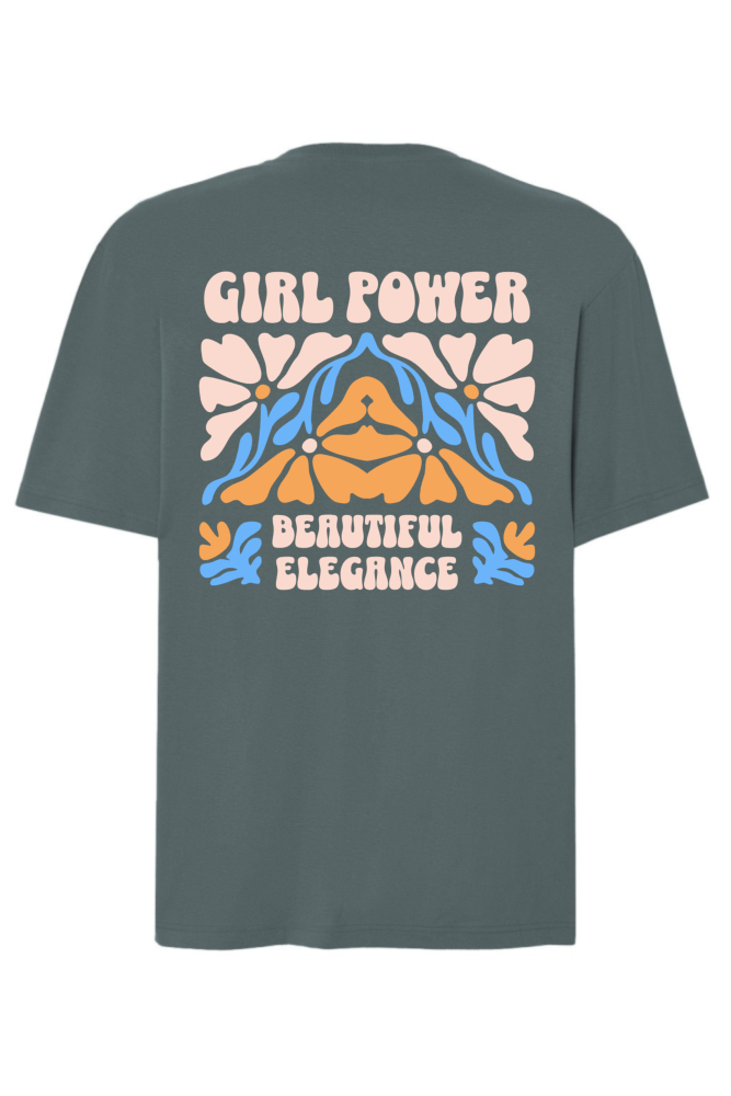 Petrolowy t-shirt z napisem na plecach girl power