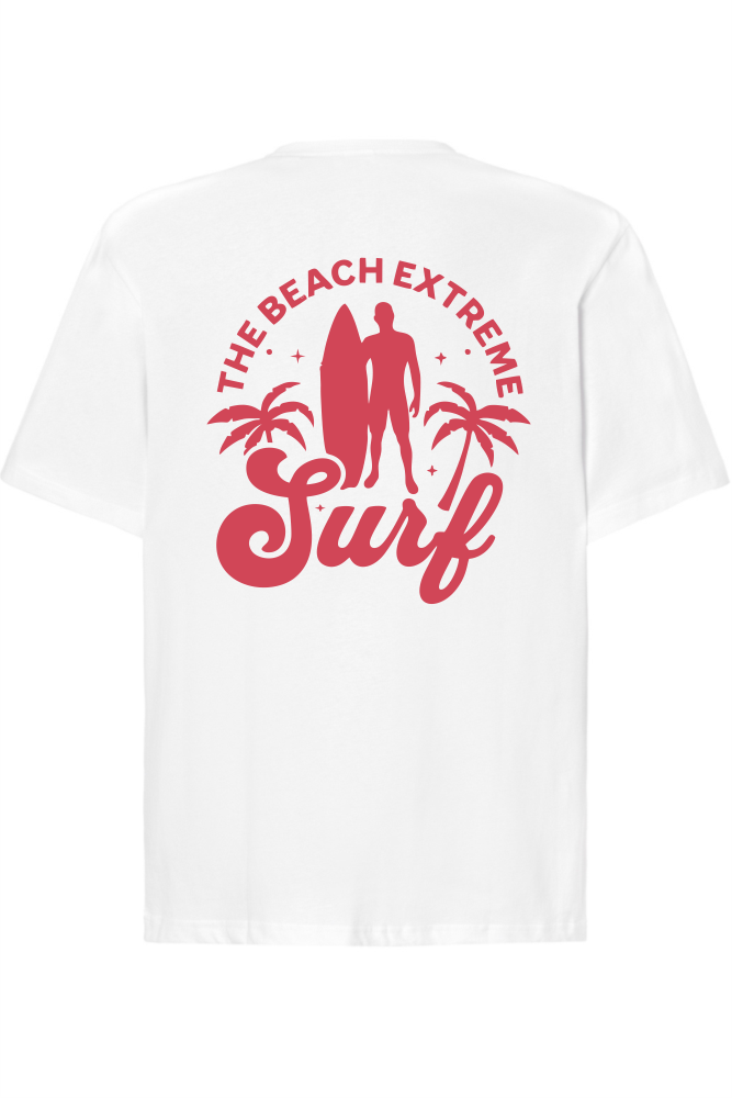 Biały t-shirt oversize z czerwonym nadrukiem na plecach surferem