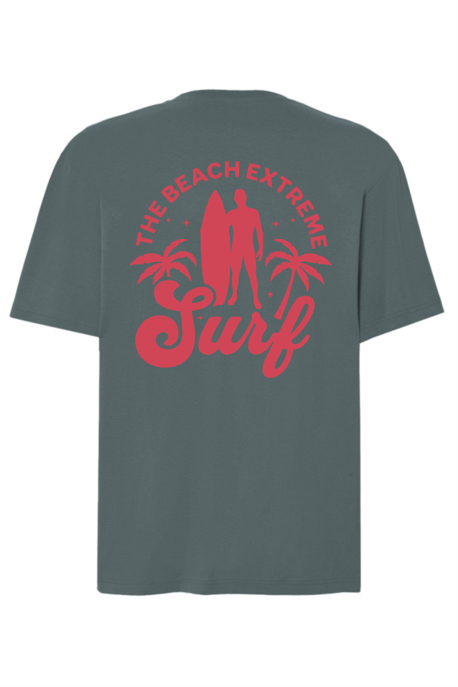 Petrolowy t-shirt oversize z czerwonym nadrukiem na plecach surferem
