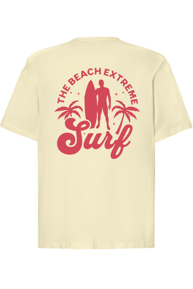 Waniliowy t-shirt oversize z czerwonym nadrukiem na plecach surferem