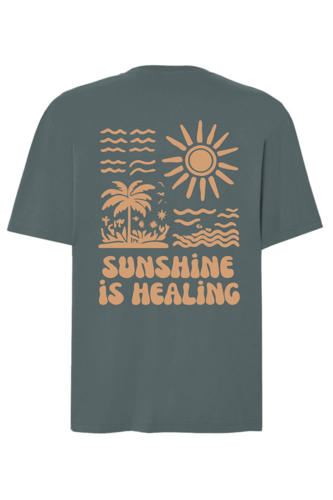 Petrolowy t-shirt z nadrukiem na plecach z napisem sunshine is healing