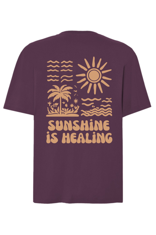 Śliwkowy t-shirt z nadrukiem na plecach z napisem sunshine is healing