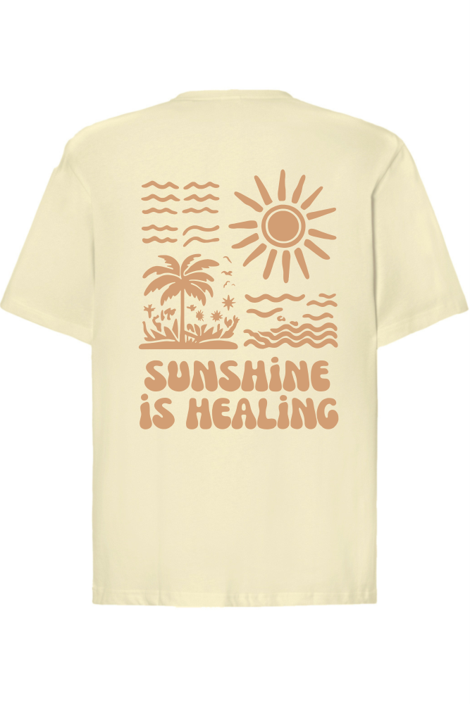 Waniliowy t-shirt z nadrukiem na plecach z napisem sunshine is healing