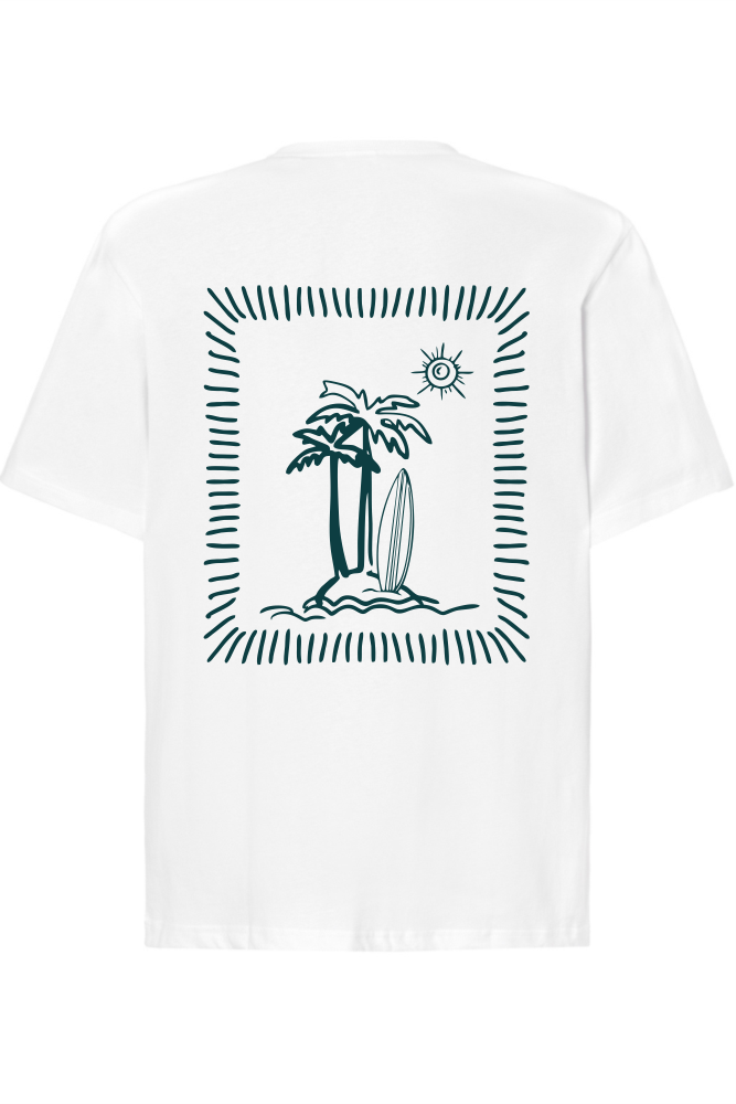 biały t-shirt z nadrukiem na plecach palmy