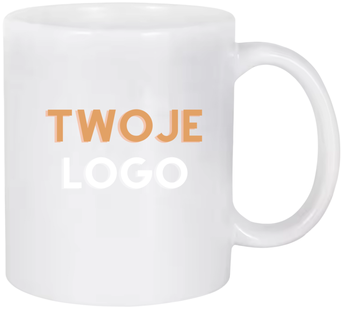 biały kubek logo firmy